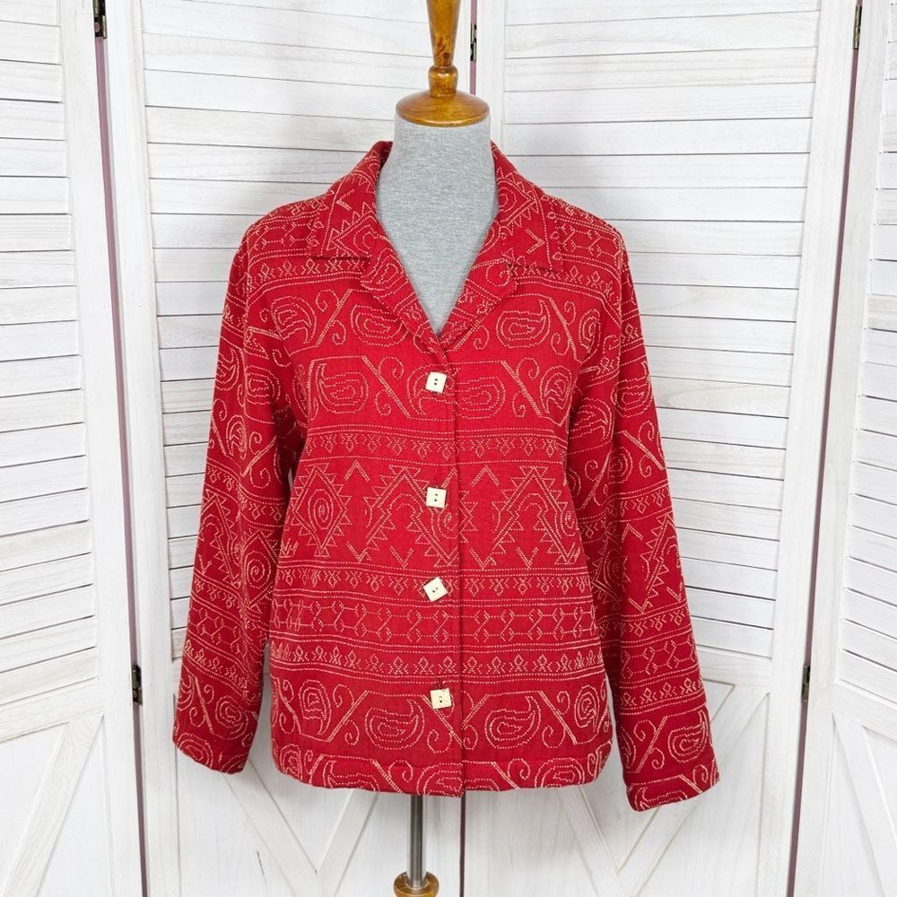 Coldwater Creek Jacket Women Medium Red Geometric Fair Isle Embroidered Button
